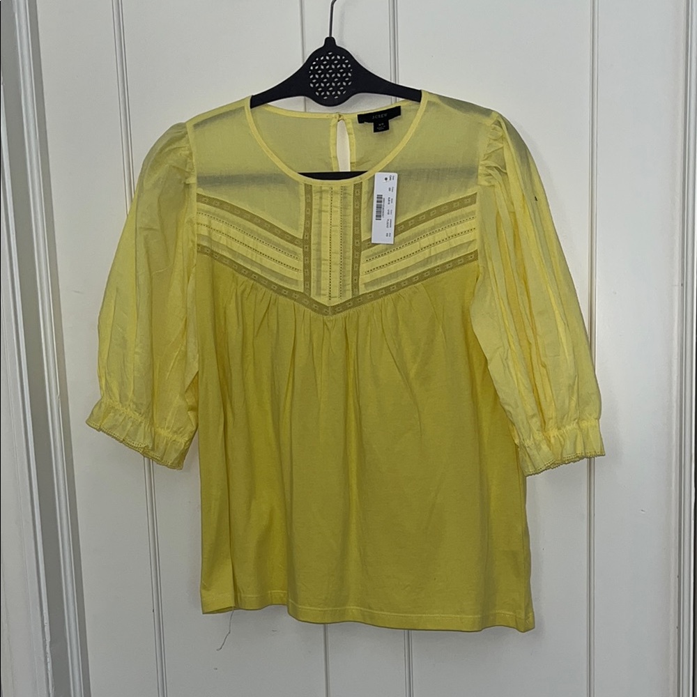 NWT J. Crew Yellow Blouse cotton mixed media w/ lace and ruffles, XS